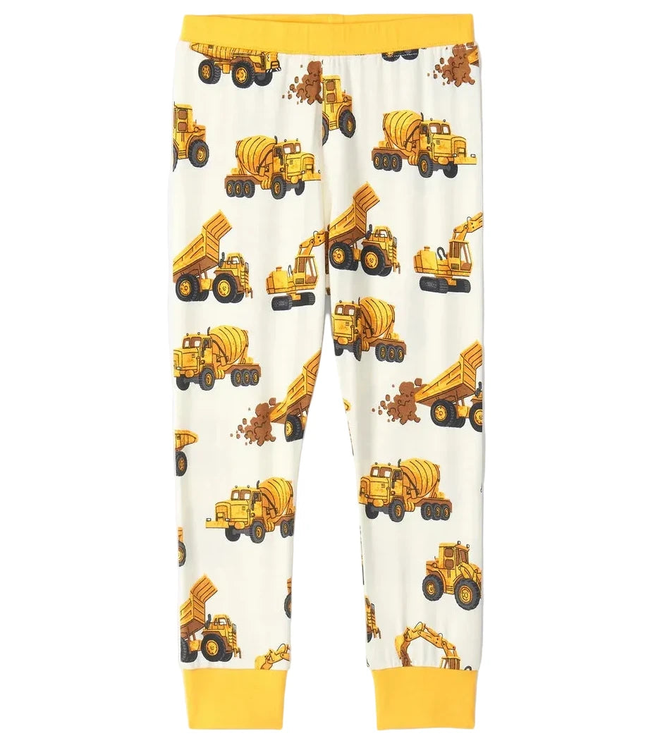 Hatley Boys’ Construction Trucks Bamboo Pajama Set features playful yellow dump trucks, cement mixers, and excavators on a white background, accented by a yellow waistband and cuffs. Crafted from soft bamboo jersey fabric, these children’s sleepwear bottoms combine comfort and fun for bedtime adventures.