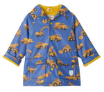 Hatley Baby Boys’ and Boys’ Construction Trucks Rain Coat in blue features playful yellow illustrations of excavators, dump trucks, and cement mixers. This stylish hooded rain jacket includes front pockets and a bright yellow lining, making it the perfect waterproof layer for rainy-day adventures.