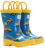Hatley Construction Trucks Rain Boots with Handles are children’s waterproof boots designed with a playful blue and yellow construction vehicle pattern on the sides and convenient handles for easy pulling on. These boots are perfect for kids to splash in puddles on rainy days.