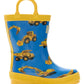 Hatley Construction Trucks Rain Boots with Handles feature a vibrant blue design with yellow soles and trim, adorned with playful illustrations of excavators, dump trucks, and bulldozers. These kids’ waterproof boots are perfect for little builders splashing through rainy days.