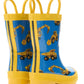 Hatley Construction Trucks Rain Boots with Handles feature a blue and yellow design and are decorated with fun images of excavators, dump trucks, and loaders. These waterproof rain boots are perfect for kids who love construction vehicles!.