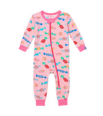 Hatley Baby Girls’ Delicious Candies Bamboo Coverall features a vibrant candy print, long sleeves, and a diagonal zipper closure from neck to left leg—making it the perfect cozy sleeper for your little one.