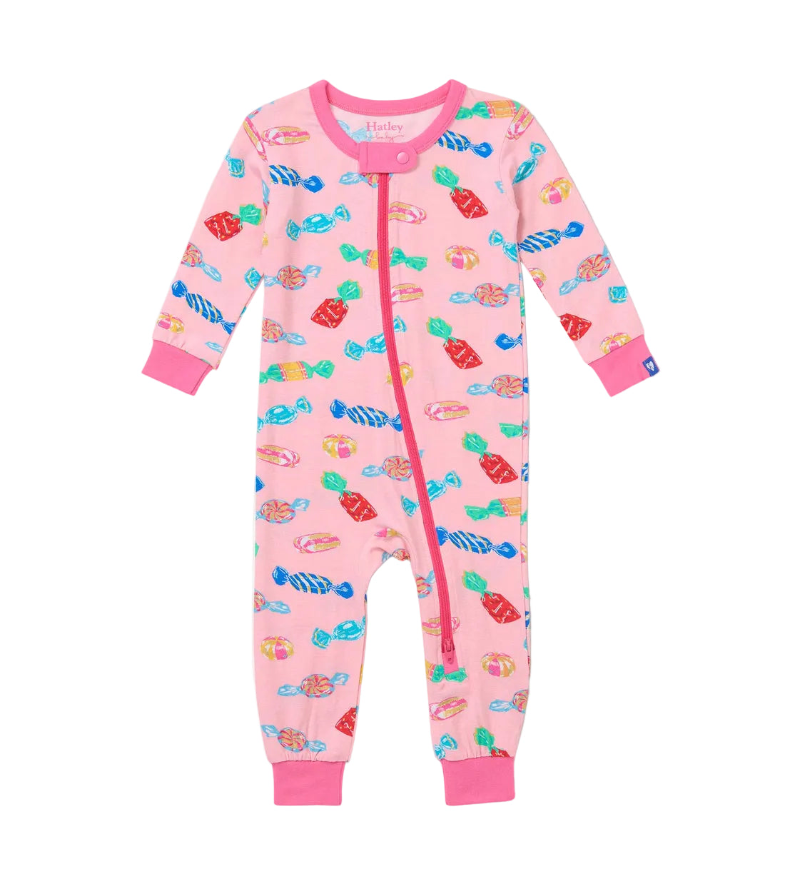 Hatley Baby Girls’ Delicious Candies Bamboo Coverall features a vibrant candy print, long sleeves, and a diagonal zipper closure from neck to left leg—making it the perfect cozy sleeper for your little one.