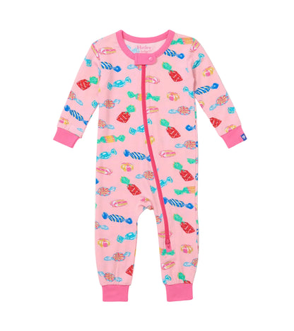 Hatley Baby Girls’ Delicious Candies Bamboo Coverall features a vibrant candy print, long sleeves, and a diagonal zipper closure from neck to left leg—making it the perfect cozy sleeper for your little one.