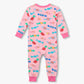 Hatley’s Baby Girls’ Delicious Candies Bamboo Coverall is a pink, long-sleeve sleeper for children, made from bamboo and featuring a colorful candy print with pink cuffs at the wrists and ankles; it is shown laid flat with the back side visible.
