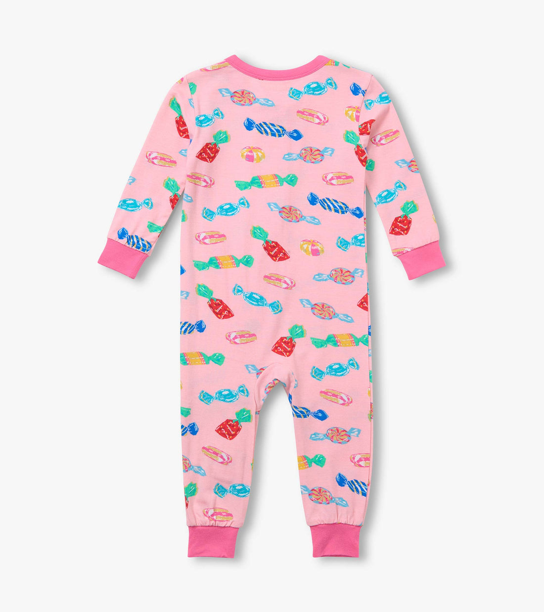 Hatley’s Baby Girls’ Delicious Candies Bamboo Coverall is a pink, long-sleeve sleeper for children, made from bamboo and featuring a colorful candy print with pink cuffs at the wrists and ankles; it is shown laid flat with the back side visible.