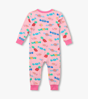 Hatley’s Baby Girls’ Delicious Candies Bamboo Coverall is a pink, long-sleeve sleeper for children, made from bamboo and featuring a colorful candy print with pink cuffs at the wrists and ankles; it is shown laid flat with the back side visible.