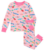 Hatley’s Girls’ Delicious Candies Bamboo Pajama Set features long sleeves and pants in pink, decorated with a colorful candy print and finished with solid pink cuffs and neckline.