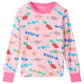 The Hatley Girls’ Delicious Candies Bamboo Pajama Set features a pink long-sleeve children’s shirt adorned with a colorful candy print, showcasing various wrapped sweets in blue, red, and yellow, and finished with pink cuffs—ideal for cozy bedtime wear.