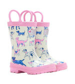 Hatley Girls’ Little Pups Rain Boots feature an adorable illustrated pups print in various colors on a light background, accented with pink soles and trim. Designed for toddlers, these boots offer slip-resistant soles for extra safety and fun on rainy days.