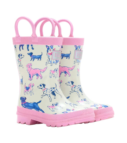 Hatley Girls’ Little Pups Rain Boots feature an adorable illustrated pups print in various colors on a light background, accented with pink soles and trim. Designed for toddlers, these boots offer slip-resistant soles for extra safety and fun on rainy days.
