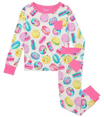 Hatley Girls’ Macaron Bamboo Pajama Set—crafted from soft bamboo fabric, this cozy two-piece pajama set features a playful macaron print on white with pink cuffs, collar, waistband, and a small chest pocket—perfect for fans of fun macaron print pajamas.