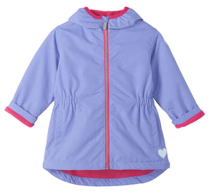 Inspired by classic field jackets, the Hatley Girls’ Pretty Bows Reveal Field Jacket comes in a light purple shade and features a playful pink lining, matching pink zipper, an elastic waist, and a charming white heart on the lower front—making it an ideal raincoat that girls will love for everyday adventures.