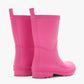 A pair of Hatley Girls’ Pink Yarrow Matte Rain Boots, featuring textured, slip-resistant soles and pull tabs, displayed from the back on a plain white background.