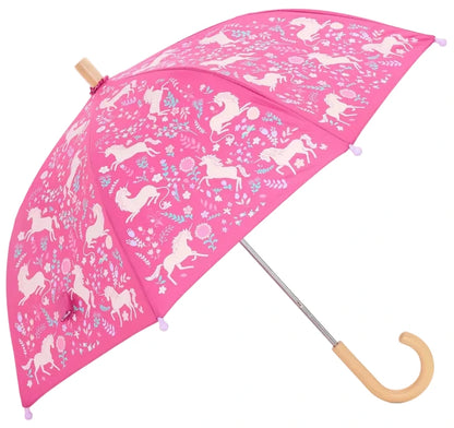 Sure! Here’s a rewritten sentence using the provided product data: The Hatley Unicorn Forest Umbrella is a delightful kids umbrella featuring a sturdy wooden handle and decorated with charming white unicorns amidst blue and pink floral patterns, making it the perfect floral print umbrella for little ones who love magical designs.