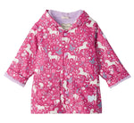 Hatley’s Baby Girls’ and Girls’ Unicorn Forest Rain Coat features a whimsical unicorn and forest pattern, front pockets, snap buttons, and a hood—this waterproof jacket keeps little ones dry and stylish on rainy days.