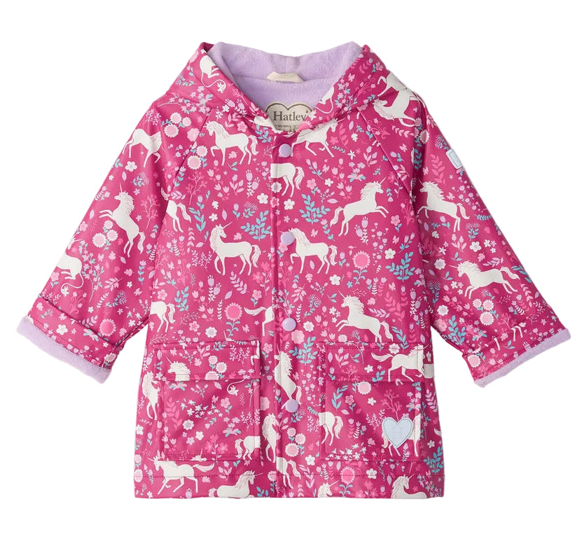 Hatley’s Baby Girls’ and Girls’ Unicorn Forest Rain Coat features a whimsical unicorn and forest pattern, front pockets, snap buttons, and a hood—this waterproof jacket keeps little ones dry and stylish on rainy days.