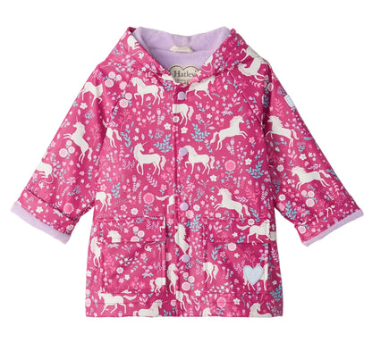 Hatley’s Baby Girls’ and Girls’ Unicorn Forest Rain Coat features a whimsical unicorn and forest pattern, front pockets, snap buttons, and a hood—this waterproof jacket keeps little ones dry and stylish on rainy days.