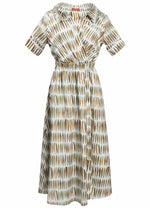 The Altuzarra Lydia Dress by Altuzarra features a midi silhouette, knee-length with short sleeves and a collared neckline. It is adorned with elongated vertical brown and white shapes and crafted from airy cotton poplin, showcasing a fitted waist with a gathered effect.