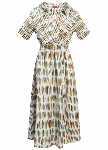 The Altuzarra Lydia Dress by Altuzarra features a midi silhouette, knee-length with short sleeves and a collared neckline. It is adorned with elongated vertical brown and white shapes and crafted from airy cotton poplin, showcasing a fitted waist with a gathered effect.