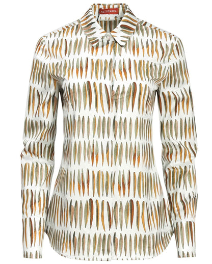 A Altuzarra Chika Top with a white background featuring a pattern of vertical, multicolored brushed leaves design.