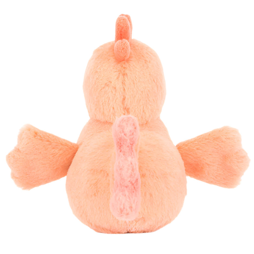 The Jellycat Fluffy Chicken, a plush toy shaped like a cartoonish orange chicken, features apricot fur, small wings, and a tail. Delightfully huggable, this fluffy chicken is viewed from the back.