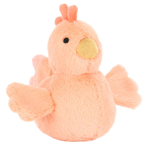 The Jellycat Fluffy Chicken is a soft, pink plush bird with a yellow beak and black eyes, fluffy wings, and a tuft on its head, making it look like a huggable chicken.