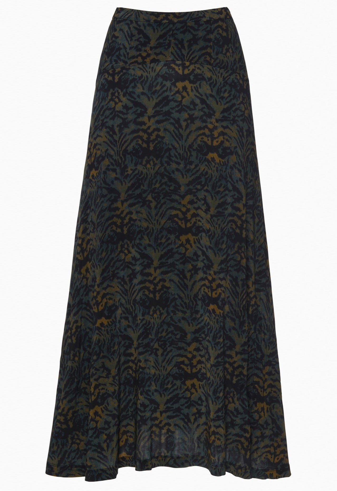 The Paola Jersey Skirt by Ulla Johnson features a dark green and brown botanical print, silken tricot jersey fabric, a fitted waist, and an A-line flared hem.