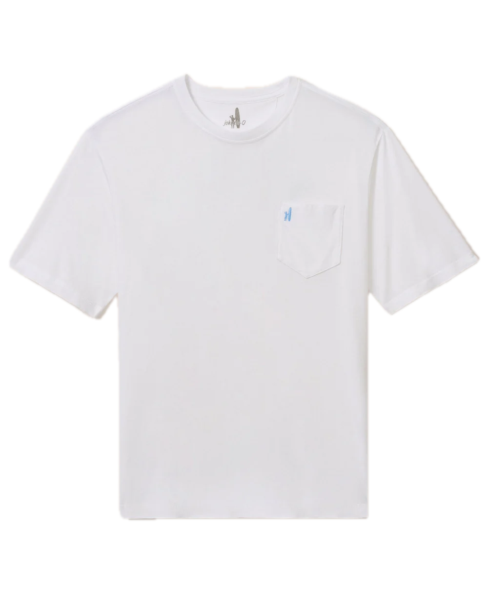 Johnnie-O Dale 2.0 Tee in plain white cotton modal, featuring a chest pocket with a small blue logo, garment-dyed for a soft finish, shown against a white background.