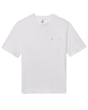 Johnnie-O Dale 2.0 Tee in plain white cotton modal, featuring a chest pocket with a small blue logo, garment-dyed for a soft finish, shown against a white background.