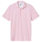The Johnnie-O Flock Yeah Performance Mesh Polo is a light pink short-sleeve shirt with a subtle pattern, collar, and three-button placket, crafted from breathable fabric—perfect for golf.