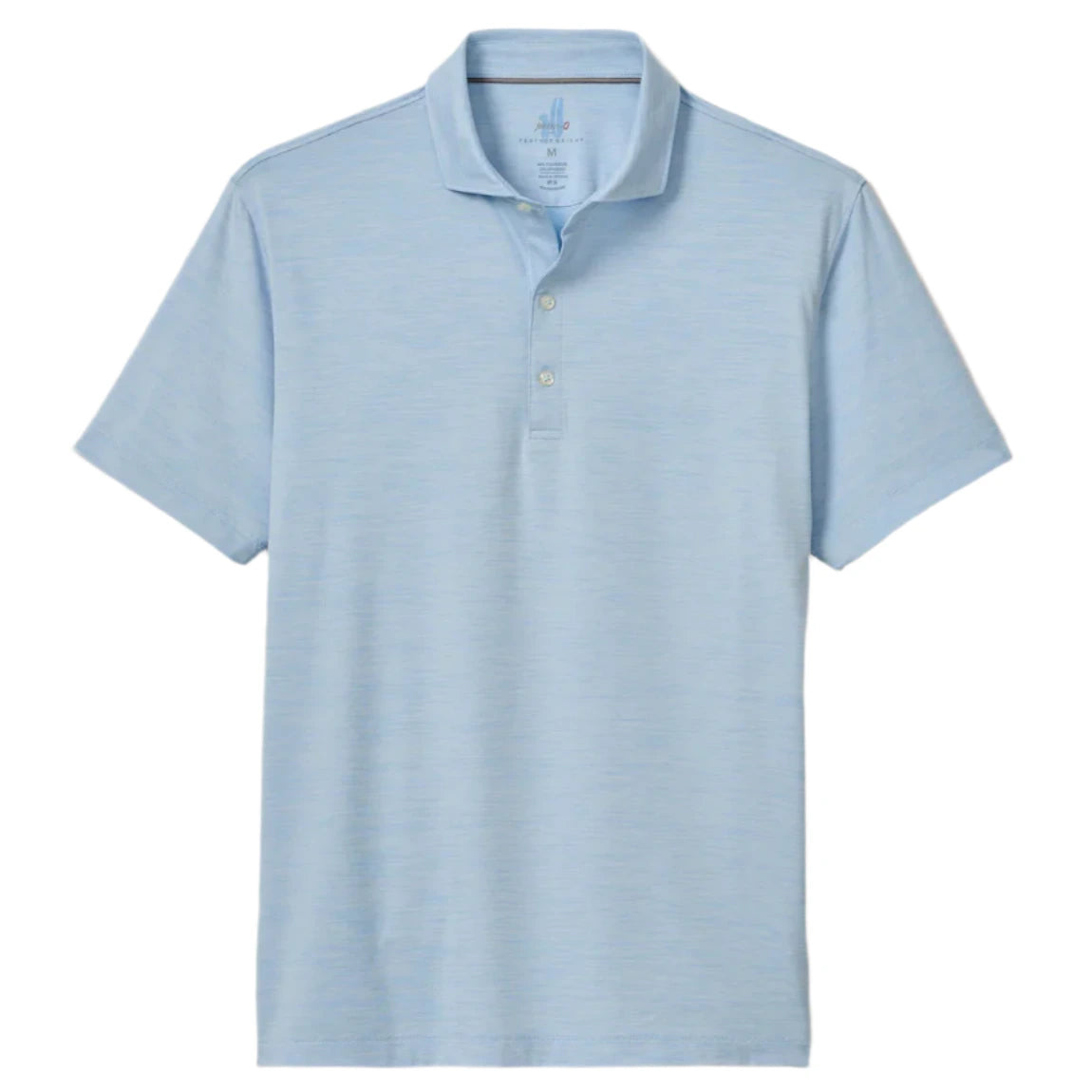 Johnnie-O Huronn Featherweight Performance Polo in light blue, short sleeves, collared with three buttons, made from moisture-wicking fabric for all-day comfort; shown laid flat on a white background.