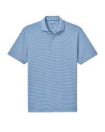 The Johnnie-O Waverunner Polo is a light blue, short-sleeve men's stretch polo shirt with a collar and three white buttons, shown flat on a white background. Designed for comfort and performance all day long, this moisture-wicking polo also offers UPF 50 protection.