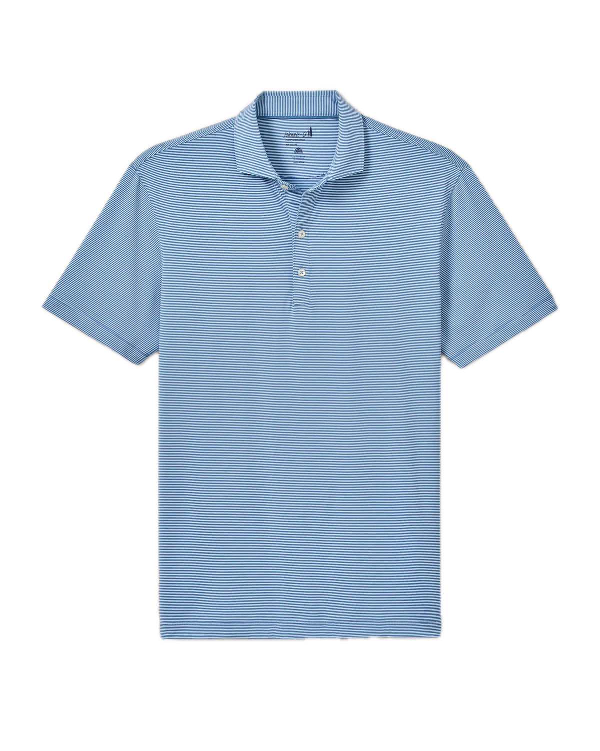 The Johnnie-O Waverunner Polo is a light blue, short-sleeve men's stretch polo shirt with a collar and three white buttons, shown flat on a white background. Designed for comfort and performance all day long, this moisture-wicking polo also offers UPF 50 protection.