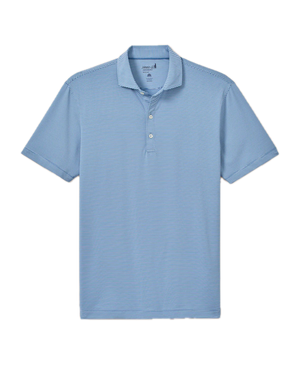 The Johnnie-O Waverunner Polo is a light blue, short-sleeve men's stretch polo shirt with a collar and three white buttons, shown flat on a white background. Designed for comfort and performance all day long, this moisture-wicking polo also offers UPF 50 protection.