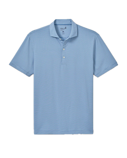 The Johnnie-O Waverunner Polo is a light blue, short-sleeve men's stretch polo shirt with a collar and three white buttons, shown flat on a white background. Designed for comfort and performance all day long, this moisture-wicking polo also offers UPF 50 protection.