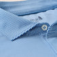 Close-up of the Johnnie-O Waverunner Polo, a men's blue and white striped collared shirt with buttons, highlighting the fabric's texture and pattern—this stretch polo offers UPF 50 protection and moisture-wicking properties for all-day comfort.