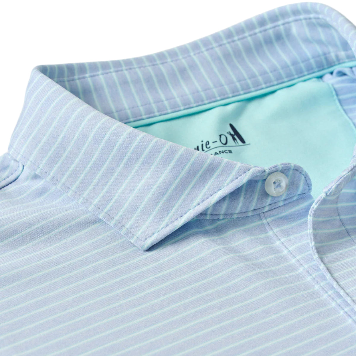 Close-up of the Johnnie-O Michael Polo, featuring a light blue color with thin white stripes, a contrasting light blue inner collar lining, and moisture-wicking fabric for all-day comfort.