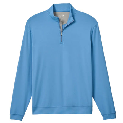 The Johnnie-O Motion Performance 1/4 Zip is a light blue, long-sleeve pullover with a standing collar and silver zipper, featuring DRICOMFORT technology for all-day comfort. Shown on a plain white background.