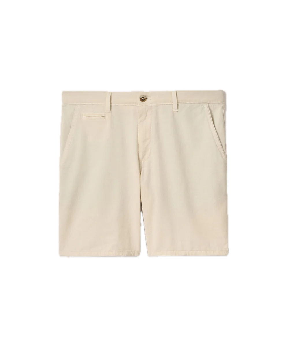 Nassau Shorts by Johnnie-O feature a beige Bermuda-style design crafted from lightweight fabric, with belt loops, side pockets, a single back pocket, and a front button closure. These shorts are made using a garment-dye process for enhanced softness and unique color depth, shown against a white background.