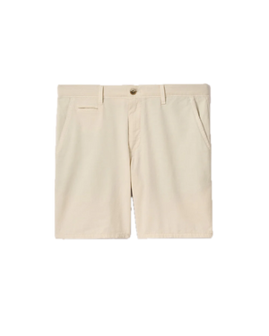Nassau Shorts by Johnnie-O feature a beige Bermuda-style design crafted from lightweight fabric, with belt loops, side pockets, a single back pocket, and a front button closure. These shorts are made using a garment-dye process for enhanced softness and unique color depth, shown against a white background.