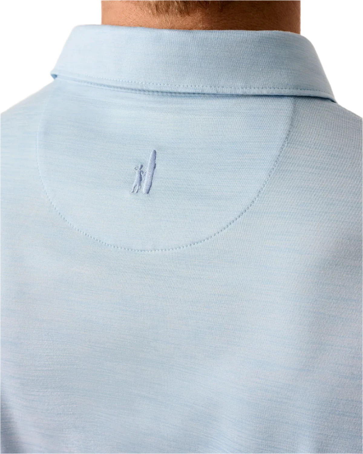Close-up of the back of the Johnnie-O Huronn Featherweight Performance Polo in light blue, featuring a small embroidered surfer below the collar and moisture-wicking fabric for all-day comfort.
