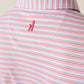 Close-up of the back of the Johnnie-O Kamdon Performance Jersey Polo with blue, white, and red stripes and a red embroidered surfboard figure below the collar. Made from moisture-wicking fabric for all-day comfort.