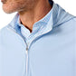 A man wears the Johnnie-O Robby Performance 1/4-Zip Hybrid Hoodie in light blue over a blue patterned collared shirt—crafted from a nylon blend, ideal for all-day comfort.