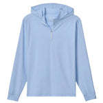 The Johnnie-O Robby Performance 1/4-Zip Hybrid Hoodie, in light blue with long sleeves, quarter-zip front, and elastic cuffs, is crafted from a soft nylon blend for all-day comfort and shown laid flat on a white background.