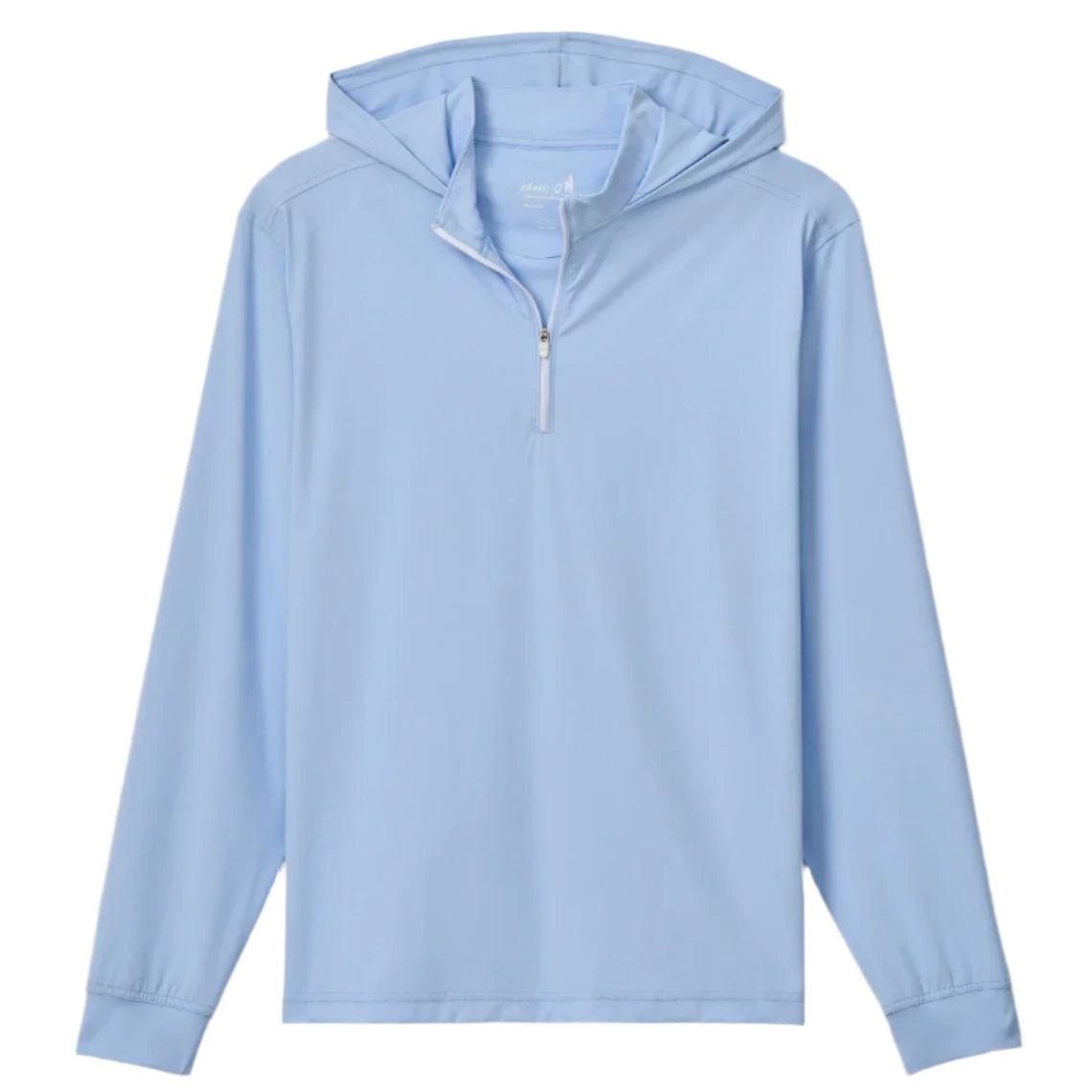 The Johnnie-O Robby Performance 1/4-Zip Hybrid Hoodie, in light blue with long sleeves, quarter-zip front, and elastic cuffs, is crafted from a soft nylon blend for all-day comfort and shown laid flat on a white background.