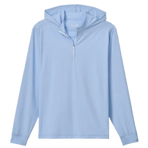 The Johnnie-O Robby Performance 1/4-Zip Hybrid Hoodie, in light blue with long sleeves, quarter-zip front, and elastic cuffs, is crafted from a soft nylon blend for all-day comfort and shown laid flat on a white background.