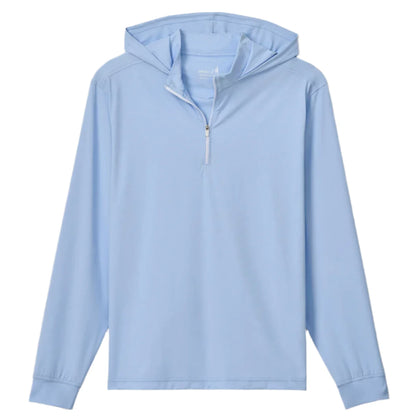 The Johnnie-O Robby Performance 1/4-Zip Hybrid Hoodie, in light blue with long sleeves, quarter-zip front, and elastic cuffs, is crafted from a soft nylon blend for all-day comfort and shown laid flat on a white background.