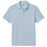The Johnnie-O Stetson Stripe Performance Mesh Polo features light blue and white stripes, a collared neckline with three buttons, and breathable fabric—ideal golf gear for comfort and style.