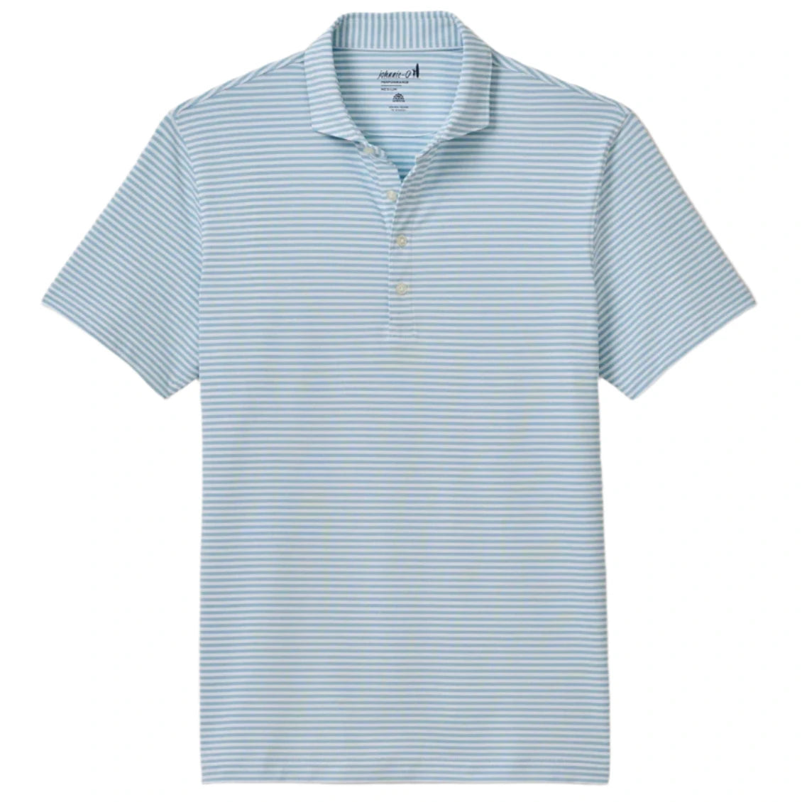The Johnnie-O Stetson Stripe Performance Mesh Polo features light blue and white stripes, a collared neckline with three buttons, and breathable fabric—ideal golf gear for comfort and style.